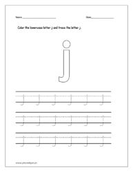 Color the lowercase letter j and trace the lowercase letter j on four line worksheet.