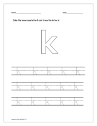 Color the lowercase letter k and trace the lowercase letter k on four line worksheet.