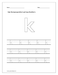 Color the lowercase letter k and trace the lowercase letter k on four line worksheet.