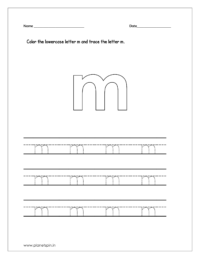 Color the lowercase letter m and trace the lowercase letter m on four line worksheet.