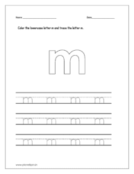 Color the lowercase letter m and trace the lowercase letter m on four line worksheet.