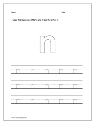 Color the lowercase letter n. Then trace the lowercase letter n on four line worksheets.