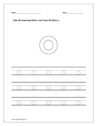 Trace and write lowercase letter O on four line worksheet