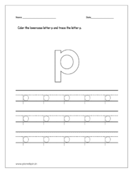Color the lowercase letter p and trace the letter on four line worksheet