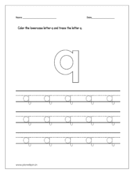 Color the lowercase letter q and trace the letter on four line worksheet