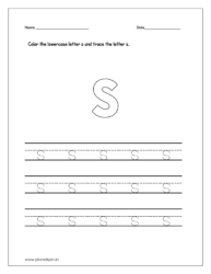 Color the lowercase letter s and trace the letter on four line worksheet