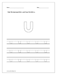 Color the lowercase letter u and trace the letter on four line worksheet
