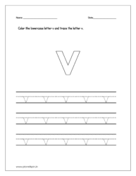 Color the lowercase letter v and trace the letter on four line worksheet