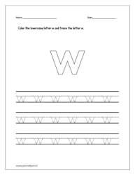 Color the lowercase letter w and trace the letter on four line worksheet