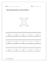 Color the lowercase letter x and trace the letter on four line worksheet