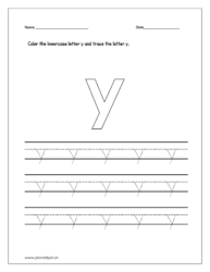 Color the lowercase letter y and trace the letter on four line worksheet