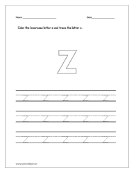 Color the printable lowercase letter z and trace the letter on four line worksheets for preschool