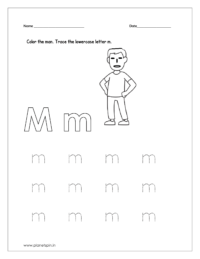 Color the man and trace the lowercase letter m.