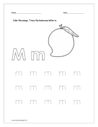 Color the mango and trace the lowercase letter m.