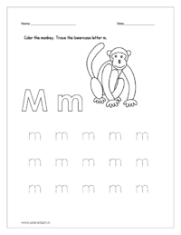 Color the monkey and trace the lowercase letter m.