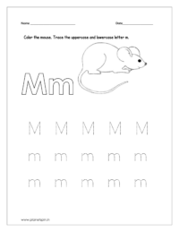 Color the mouse and trace the lowercase letter m.
