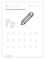 Color the pencil and trace the lowercase letter p.