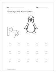 Color the penguin and trace the lowercase letter p.