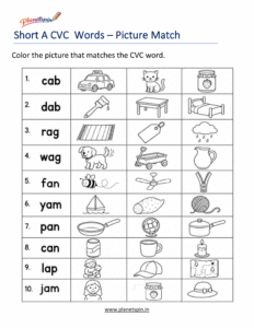 Color the Correct short A CVC Word worksheets