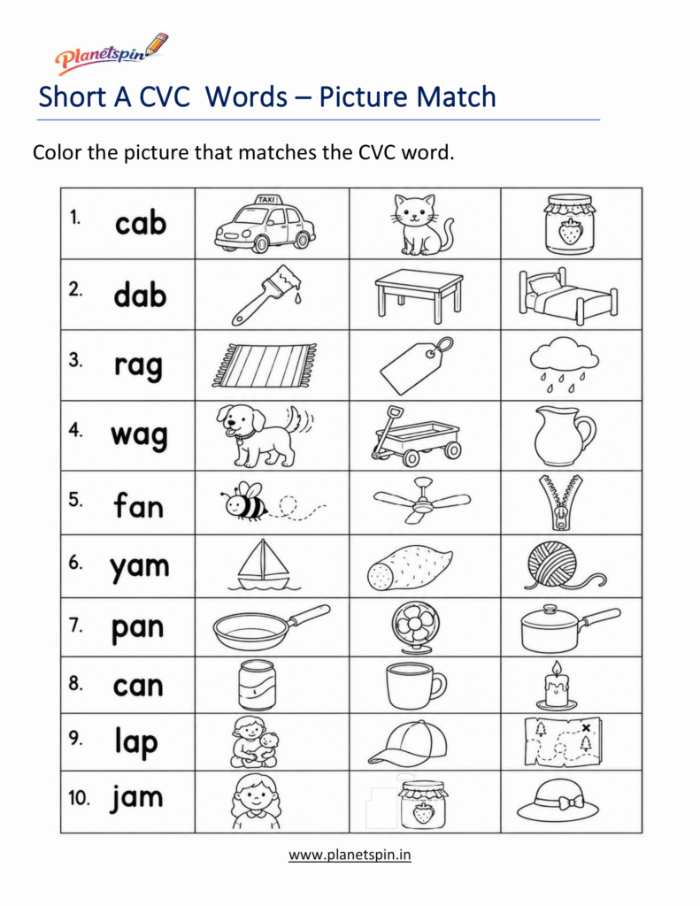 Short A CVC Worksheets printable for Kindergarten