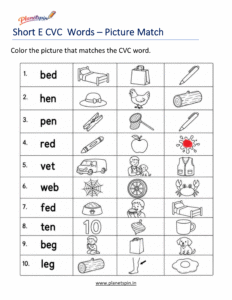 Color the Correct short E CVC Word worksheets