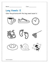 E long vowel sound: Color the picture with the vowel 'e'.