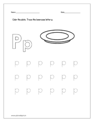 Color the plate and trace the lowercase letter p.