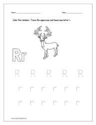 Color the reindeer and trace the uppercase and lowercase letter r.
