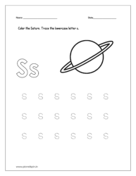 Color the Saturn and trace the lowercase letter s.