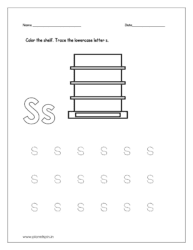 Color the shelf and trace the lowercase letter s.