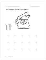 Color the telephone and trace the lowercase letter t.