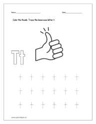 Color the thumb and trace the lowercase letter t.
