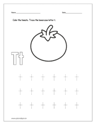 Color the tomato and trace the lowercase letter t.