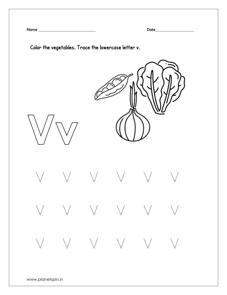 Color the vegetables and trace the lowercase letter v.