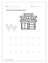 Color the villa and trace the lowercase letter v.