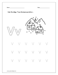 Color the village and trace the lowercase letter v.