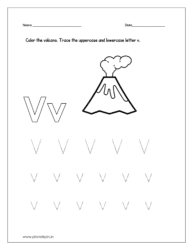 Color the volcano and trace the uppercase and lowercase letter v.