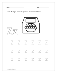 Color the zinger and trace the uppercase and lowercase letter z on printable worksheets for preschool.