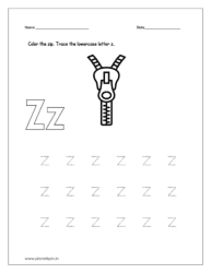 Color the zip and trace the lowercase letter on printable worksheets for preschool.