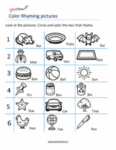 circle rhyming pictures worksheet for kids