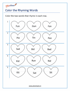color the rhyming words worksheet kindergarten