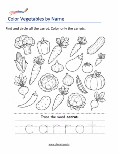Carrot coloring worksheet with name for kindergarten