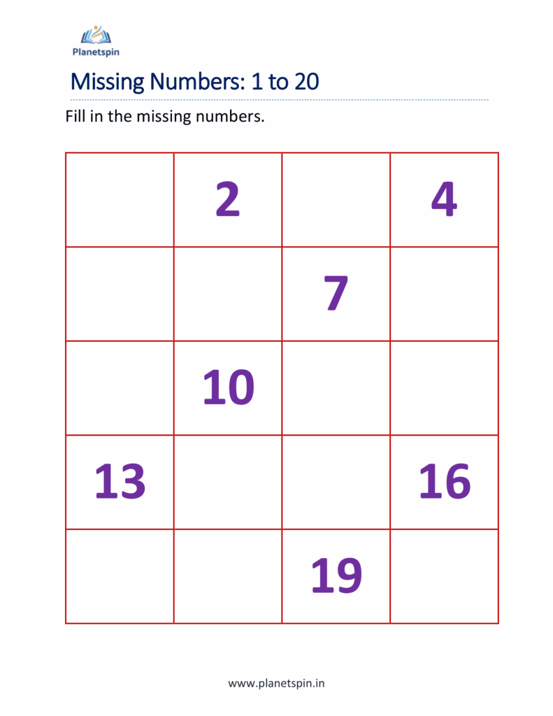 Missing numbers worksheet 1 to 20 %
