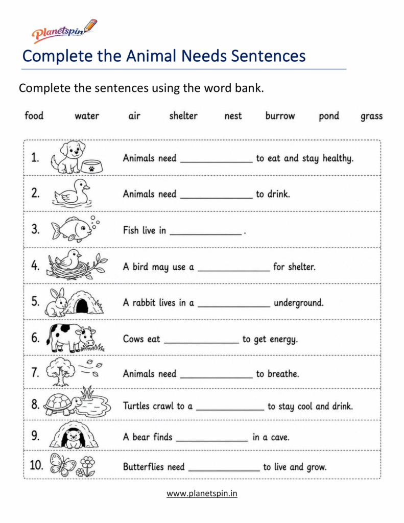 Animal needs worksheets for grade 1