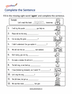 Complete the sentence using the sight word again worksheet