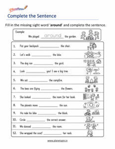 Complete the sentence using the sight word around worksheet