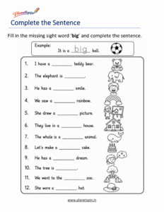 Complete the sentence using the sight word big worksheet