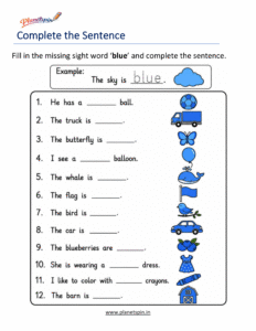 Complete the sentence using the sight word blue worksheet
