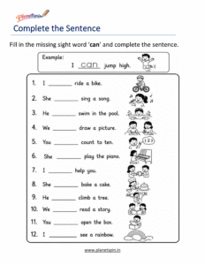 Complete the sentence using the sight word can worksheet