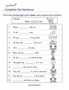 Complete the sentence using the sight word come worksheet